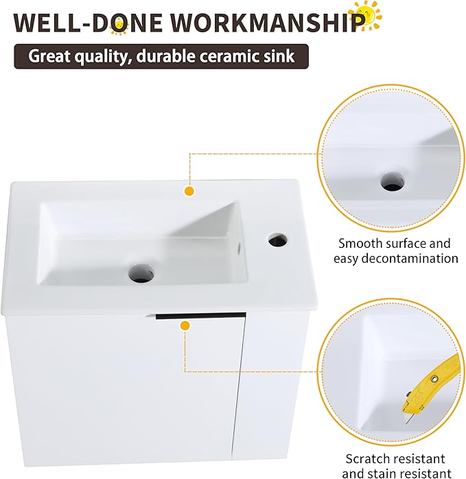 22 Inch Bathroom Vanity with Sink, 22" Wall Mounted Vanity Sink Combo for Small Space, Modern Bathroom Cabinet Set with Ceramic Basin Sink Top and Soft-Closing Door, White
