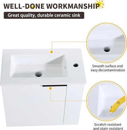 22 Inch Bathroom Vanity with Sink, 22" Wall Mounted Vanity Sink Combo for Small Space, Modern Bathroom Cabinet Set with Ceramic Basin Sink Top and Soft-Closing Door, White