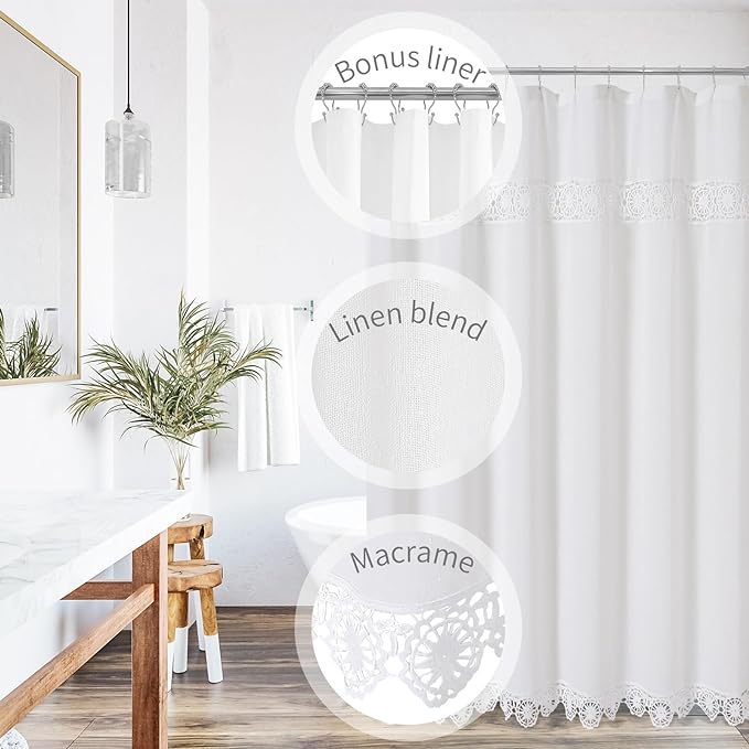 Linen Boho Lace Shower Curtain Liner Set 72x84 | Extra Long Farmhouse Shower Curtain with Macrame Decor, Cotton Bohemian French Country Bath Curtain , White