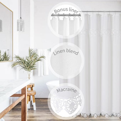 Linen Boho Lace Shower Curtain Liner Set 72x84 | Extra Long Farmhouse Shower Curtain with Macrame Decor, Cotton Bohemian French Country Bath Curtain , White