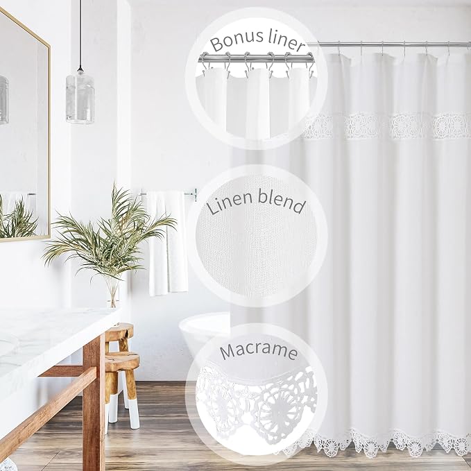Small Stall Linen Lace Shower Curtain Liner Set 36x72 | Narrow Half Farmhouse Shower Curtain with Macrame Decor, Cotton Bohemian French Country Bath Curtain , White