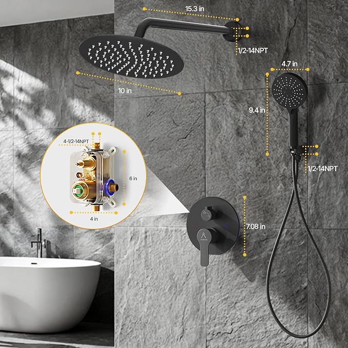 Shower Faucet Set 10IN Brass Rough-In Valve Body Trim Kit Rainfall Included Handle Accessories Complete 2 Functions with Rain Head and Handheld Bathroom Systems (10'', Matte Black)