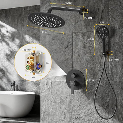 Shower Faucet Set 10IN Brass Rough-In Valve Body Trim Kit Rainfall Included Handle Accessories Complete 2 Functions with Rain Head and Handheld Bathroom Systems (10'', Matte Black)