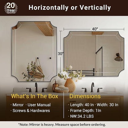 Black Bathroom Mirror, 30x40 Scalloped Mirror for Bathroom, Metal Framed Curved Vanity Mirror, Large Notched Corner Mirror with Delicate Tessellated Glass Design, Horizontal & Vertical