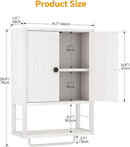Homeiju Rustic Wall Mounted Medicine Cabinet, White Wood Storage Cabinet with Two Barn Doors, Shelf and Towel Bar for Bathroom, Living Room, Kitchen, White