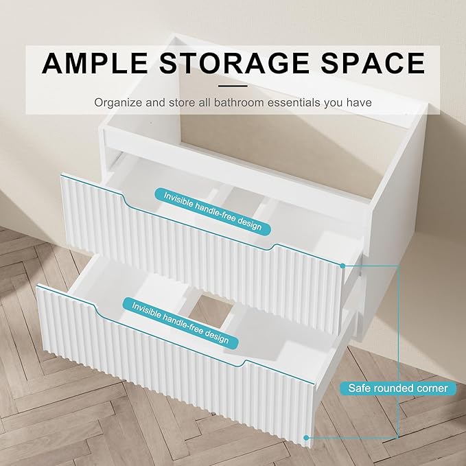 30” Floating Bathroom Vanity Cabinet Wall-Mounted Bathroom Vanity in White, Sink Basin Not Included
