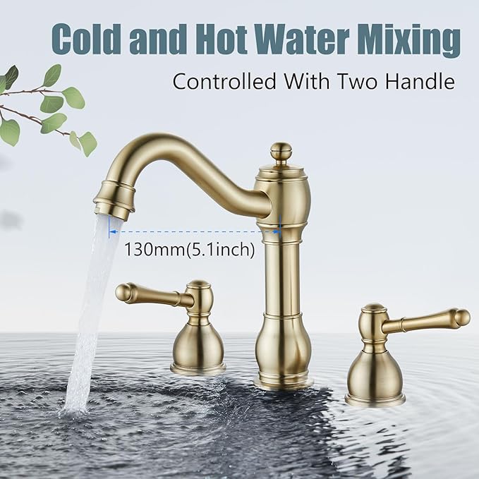 Aolemi 8 Inch Widespread Bathroom Sink Faucet 3 Hole Deck Mount Vanity Basin Mixer Tap with Pop Up Drain Assembly Brushed Gold Double Lever Handle