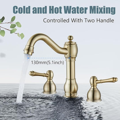 Aolemi 8 Inch Widespread Bathroom Sink Faucet 3 Hole Deck Mount Vanity Basin Mixer Tap with Pop Up Drain Assembly Brushed Gold Double Lever Handle