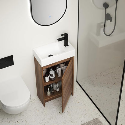 18-Inch Small Bathroom Vanity with Sink Mid-Century Bathroom Vanities with Top Basin Floor Wood Bathroom Sink Cabinet with Soft-Close Doors & Adjustable Storage Shelves(Walnut)