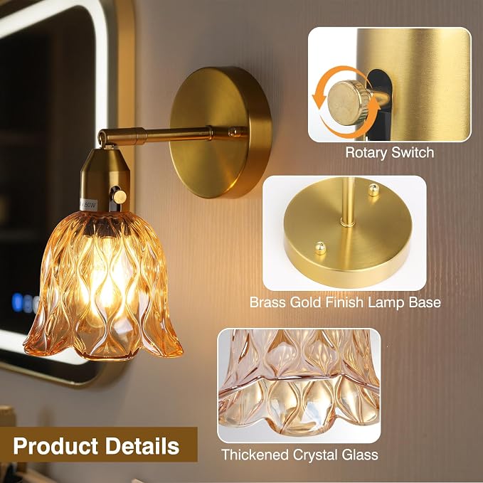 Vintage Wall Sconces Set of 2 - Hardwired Wall Lights with Amber Tulip Glass Shade,Brass Wall Lamps for Bathroom Bedroom Stairway Living Room Corridor(Bulbs Not Included,E26 Socket)