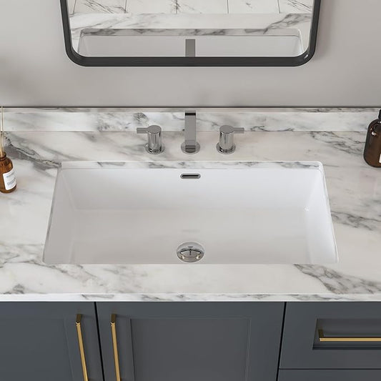 DeerValley DV-1U0132 Undermount Bathroom Sink 27.56"x15.87" White Rectangular Ceramic Sink Bathroom Wash Basin with Overflow Hole