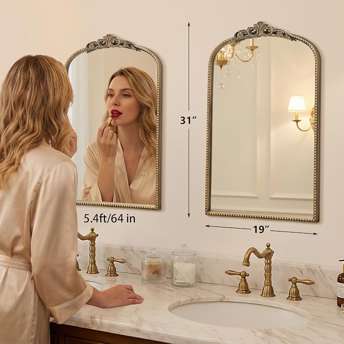 Micasso Bathroom Mirrors for Over Sink: 19"x31" Gold Vintage Arched Mirror | Traditional Ornate Baroque Decorative Antique Wall Mirror for Bedroom/Entryway/Hallway/Dresser/Vanity/Mantel/Nightstand