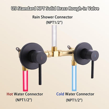 Matte Black 2 Handle Shower faucet Set, 8 Mode Shower Head Bathroom Shower Faucet Trim Kit with Rough-in Valve, Wall Mount