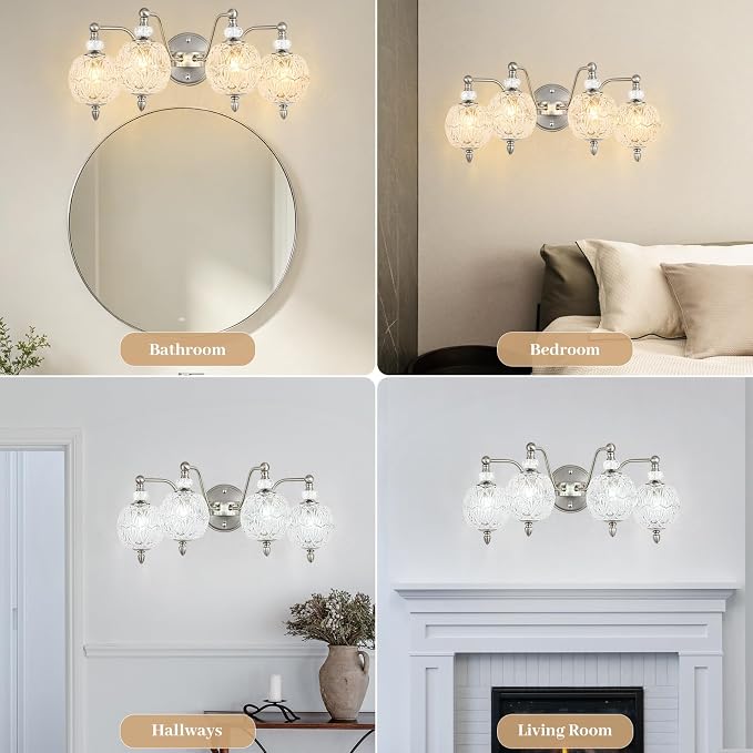 4-Light Brushed Nickel Bathroom Vanity Light, Modern Brushed Nickel Finish Wall Sconce with Globe Glass Shades, Modern Mirror Light for Bathroom, Powder Room