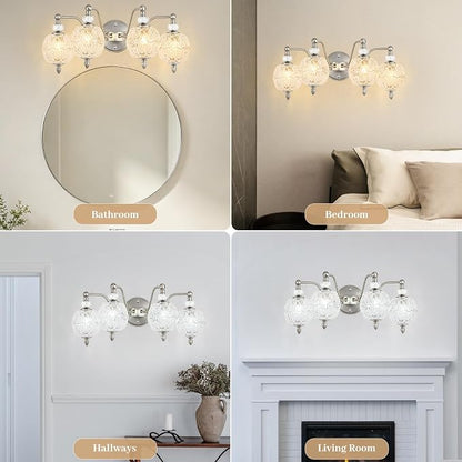 4-Light Brushed Nickel Bathroom Vanity Light, Modern Brushed Nickel Finish Wall Sconce with Globe Glass Shades, Modern Mirror Light for Bathroom, Powder Room