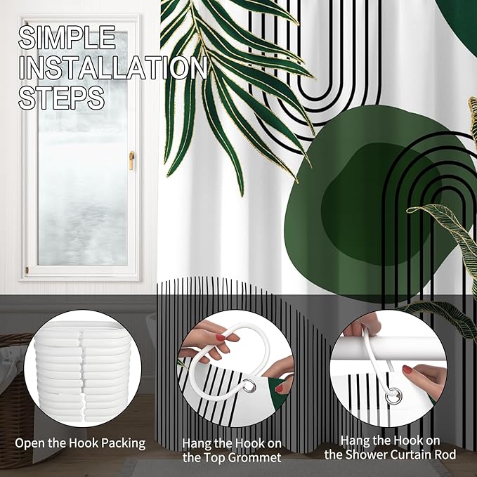 Mid Century Green Shower Curtain for Bathroom Boho Modern Abstract Plant Tropical Leaves Bathroom Curtain Set Geometric Arch Minimalist Waterproof Fabric Bath Decor 48x72 inch