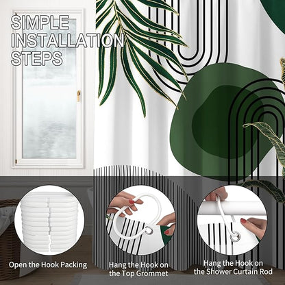 Mid Century Green Shower Curtain for Bathroom Boho Modern Abstract Plant Tropical Leaves Bathroom Curtain Set Geometric Arch Minimalist Waterproof Fabric Bath Decor 48x72 inch