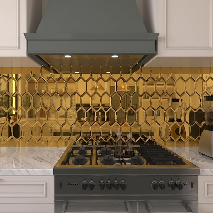 Peel and Stick Beveled Mirror Tile, Mirror Backsplash for Kitchen Bathroom Wall, 4x7.87 Inches Hexagon, Gold (30 Pcs, 4.8 SQ.FT.)