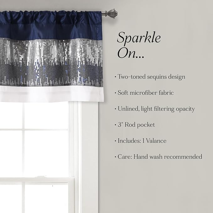 Lush Decor Night Sky Sequins Valance Curtain Single, 52"W x 18"L Navy & White - Kitchen Curtains Valances For Windows - Bathroom Curtains Window