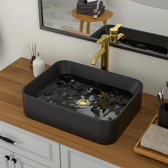 Logmey 19x15 Inch Black Vessel Sink | For RV Bathroom Rectangle Porcelain Ceramic Modern Countertop Above Counter Bathroom Large Vanity Art Basin