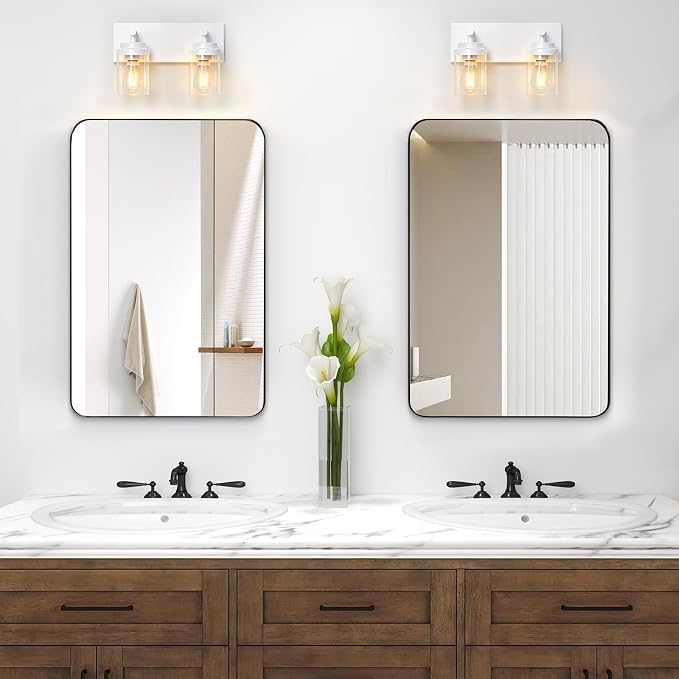 IZORRO Bathroom Vanity Light Fixture, 2-Light 15 Inch White Bathroom Light Fixtures Over Mirror, with Clear Glass Shade, Modern Farmhouse Vanity Lights, Rustic Restroom Lighting Fixtures