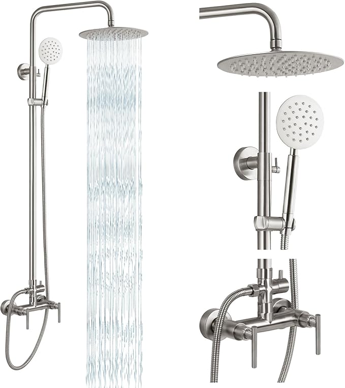 gotonovo Outdoor Shower 304 Stainless Steel, Brushed Nickel, Lever Handle | Rain 8 Inch Outdoor Shower Head with Handheld Kit Fixtures System Faucet Set with Valve Wall Mount for Seaside Backyard Pool