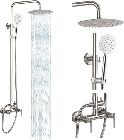 gotonovo Outdoor Shower 304 Stainless Steel, Brushed Nickel, Lever Handle | Rain 8 Inch Outdoor Shower Head with Handheld Kit Fixtures System Faucet Set with Valve Wall Mount for Seaside Backyard Pool