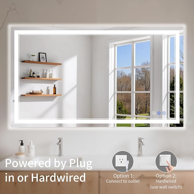 40"x55" LED Bathroom Mirror with Lights, Anti-Fog, Backlit + Front Lit, Dimmable, Led Vanity Mirror for Wall, Lighted Bathroom Mirror, 4 Colors, Shatter-Proof Tempered Glass