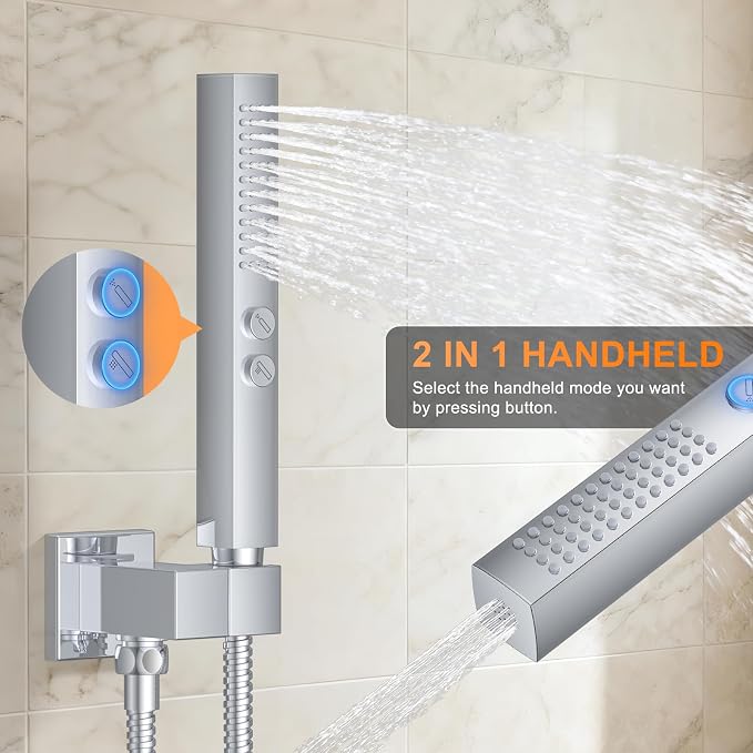 Chrome Shower System with Tub Spout, Ceiling Mounted Bathtub Shower Faucet Set, 12" Rainfall Shower Head and Handheld Shower Combo, High Pressure Shower Fixtures Set with Rough-in Valve