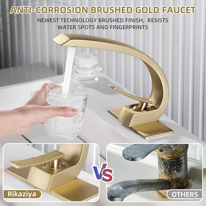 Brushed Gold Bathroom Sink Vanity Elegance Swan Faucet for 1 Hole With 6-Inch 3 Hole Deckplate,Rikaziya Bathroom Fixtures Faucets Pop Up Overflow Drain With 9/16" Supply Hose and to 1/2" Adapter Combo