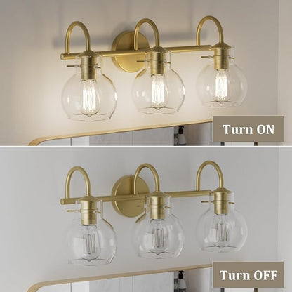Gold Vanity Light, 3 Light Bathroom Light Fixtures, Modern Bathroom Vanity Lights Fixtures Over Mirror with Clear Globe Glass Shade, Gold Wall Sconces for Bathroom Hallway, E26 Base | Wall Sconce,Painted,Globe Glass Shade,E26 Base,UL Certified,Anti-Rus...