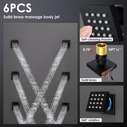 Enga Luxury Dual Shower Head System with Body Jets LED Thermostatic Shower System with 6 inch Wall Shower, 20-Inch 3 Function Shower Head (Rainfall & Mist & Waterfall), Matte Black