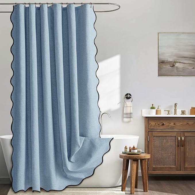 MIULEE 72"x84" Extra Long Scalloped Shower Curtain Moonlight Blue | Linen Textured, Waterproof, Washable, 12 Metal Hooks, Heavy Duty Cloth, Black Border, Shower Curtain for Bathroom Bathtub