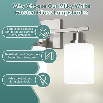 Ascher Bathroom Light Fixtures, 3-Light Vanity Light Over Mirror, Brushed Nickel Wall Sconces with Milky White Frosted Glass Shades, Wall Lamp for Living Room Bedroom, E26 Base(Bulbs Not Included)
