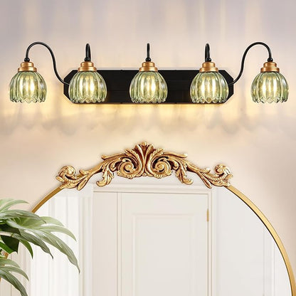 Vintage Bathroom Vanity Light, 5 Light Bathroom Lighting Fixtures Over Mirror, Mid Century Style Farmhouse Light Fixtures with Green Glass Shades, Black Finish Wall Mount for Bedroom , Living Room