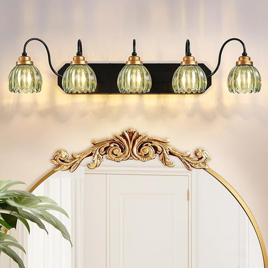 Vintage Bathroom Vanity Light, 5 Light Bathroom Lighting Fixtures Over Mirror, Mid Century Style Farmhouse Light Fixtures with Green Glass Shades, Black Finish Wall Mount for Bedroom , Living Room
