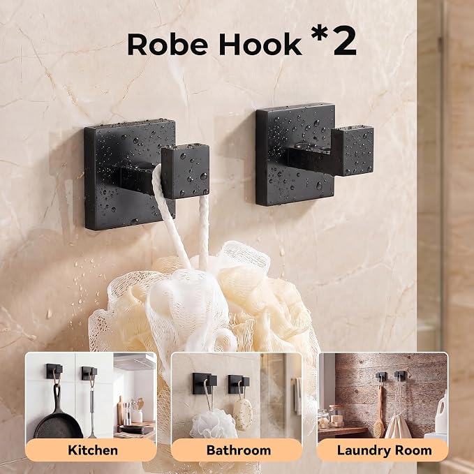 5-Piece Bathroom Hardware Set, 23.6 Inch Towel Bar Set SUS304 Stainless Steel Towel Racks for Bathroom Round Towel Bar, Towel Ring, Toilet Paper Holder, 2 Robe Hooks, Wall Mounted (Black)