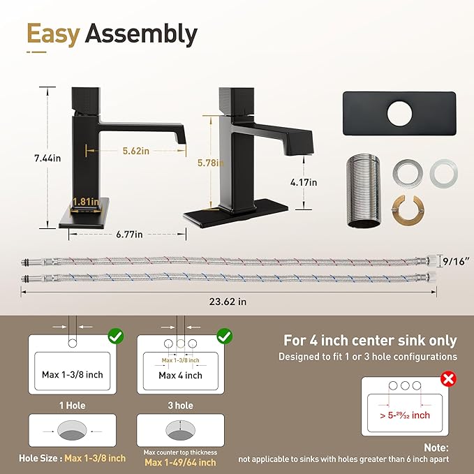 Modern Single Hole Bathroom Faucet | 7.4" Matte Black Luxury Single Handle Bathroom Faucet with Solid Brass Body, Spot-Free Finish & Anti-Splash | 1 or 3 Hole | Geometric Square Design