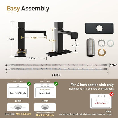 Modern Single Hole Bathroom Faucet | 7.4" Matte Black Luxury Single Handle Bathroom Faucet with Solid Brass Body, Spot-Free Finish & Anti-Splash | 1 or 3 Hole | Geometric Square Design