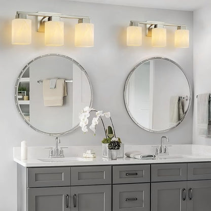 3-Light Square Bathroom Light Fixture, Brushed Nickel Modern Vanity Light with White Marble Glass Shade, for Bathroom Mirror, Living Room, Bedroom, Hallway, E26 Base