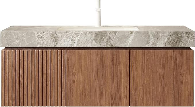 KEIKI 48 Inch Floating Bathroom Vanity with Sink, Modern Wall Mounted Storage Cabinet with Drawer, Pre-Assembled Waterproof Wood Panels, Sintered Stone Top & Ceramic Basin Combo Set, Brown Oak & Grey