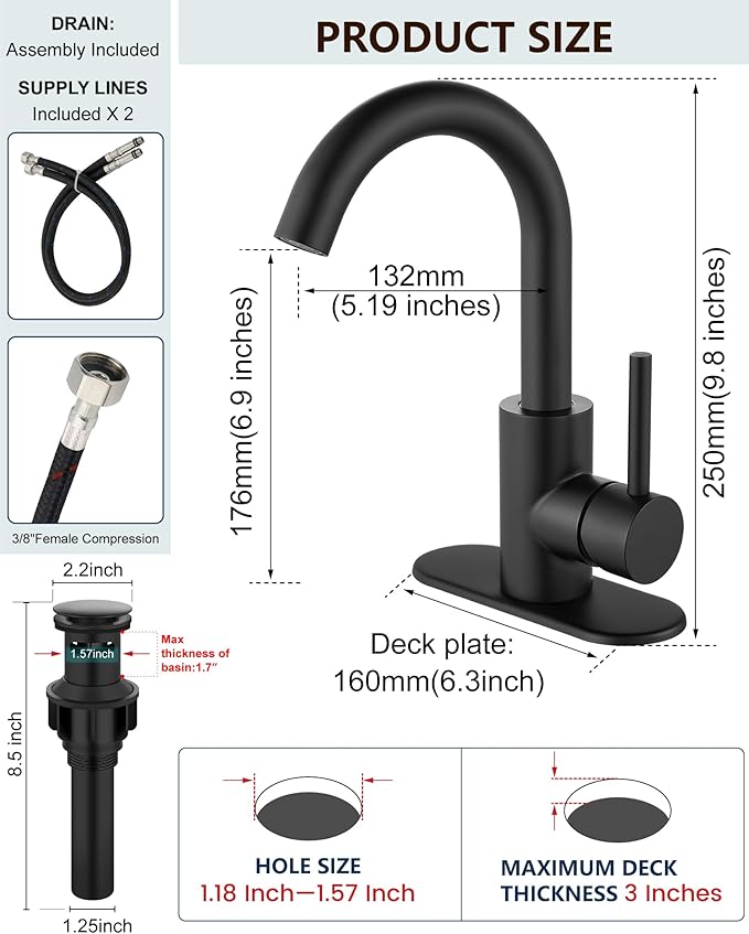 Midanya Single Hole Bathroom Faucet 1 Hole Bar Sink Faucet Suitable for Kitchen RV Vanity,304 Stainless Steel 360° Swivel Spout with Deck Plate and Pop-up Drain,Matte Black