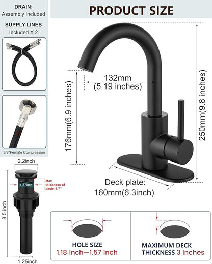Midanya Single Hole Bathroom Faucet 1 Hole Bar Sink Faucet Suitable for Kitchen RV Vanity,304 Stainless Steel 360° Swivel Spout with Deck Plate and Pop-up Drain,Matte Black