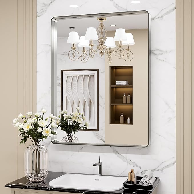 LOAAO 28X36 Inch Brushed Nickel Bathroom Mirror | Rounded Rectangle, Silver Metal Frame, Anti-Rust, Shatter Proof, Hangs Horizontally or Vertically