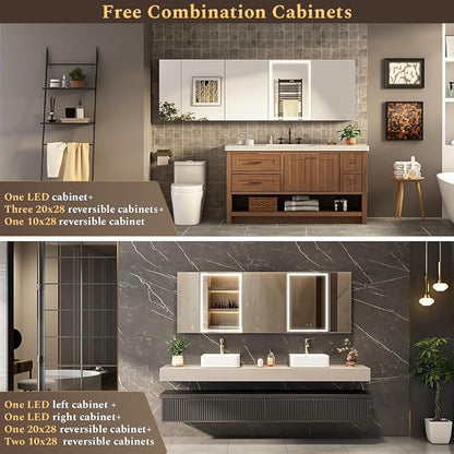 Spliceable Modular LED Lighted Bathroom Medicine Cabinet Mirror with Anti-Fog Aluminum Frame, Adjustable Lighting, Built-in Sockets & USB Ports – Wall Mounted (Right Hinge, 28" L x 20" W)