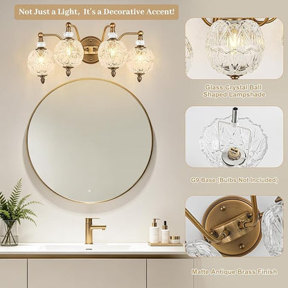 Vintage Bathroom Vanity Light, 4-Light Mid Century Matte Antique Brass Finish Wall Sconce with Globe Glass Shades, Retro Mirror Light for Bathroom, Powder Room