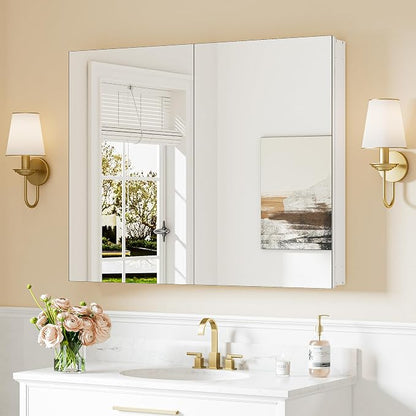 Keonjinn 40" x 32" Large White Medicine Cabinet Mirror, HD Tempered Glass | Assembly Needed, Freely Adjustable Shelves, Recessed or Wall-Mounted, Soft Close with DTC Hinges, Lightweight Aluminum Frame