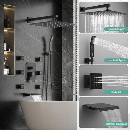 Waist Massage Spray Shower System with 6 Body Jets and Tub Spout, 16'' Full Body Bathtub Shower System with Shower Jet, Wall Mounted Rain Shower and Handheld Shower Faucet Set Complete, Matte Black