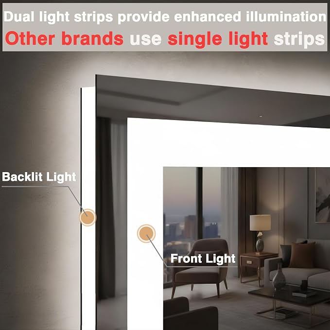 EchosLife 55"x40" Bathroom Mirror with LED Lights | Backlit + Front Lit, Anti-Fog, Stepless Dimmable, 3 Colors, Memory, Tempered Glass, UL Listed, Horizontal/Vertical