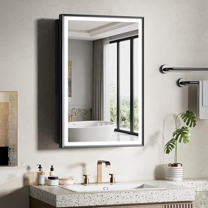 16X24 Inches Framed Medicine Cabinet with Lights, Bathroom Medicine Cabinet with 3-Color/Dimmable, Anti-Fog, Plug-in & Hardwired, Surface Mount & Recessed